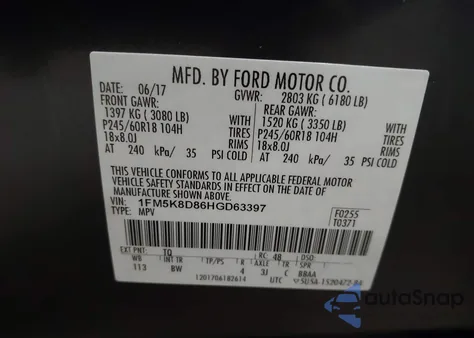 2017 Ford Explorer Xlt из США, поврежденный, VIN 1FM5K8D86HGD63397